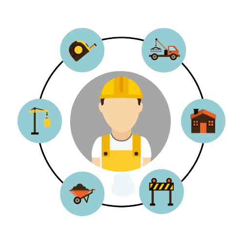 Construction tools and workers illustration