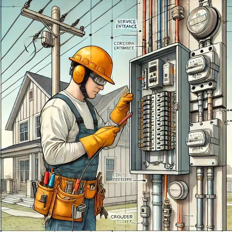 Electrician installing service entrance equipment with a meter base, circuit breakers, and grounding rod following safety standards.