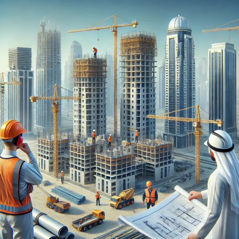 Modern Arabian construction site with engineers and workers.