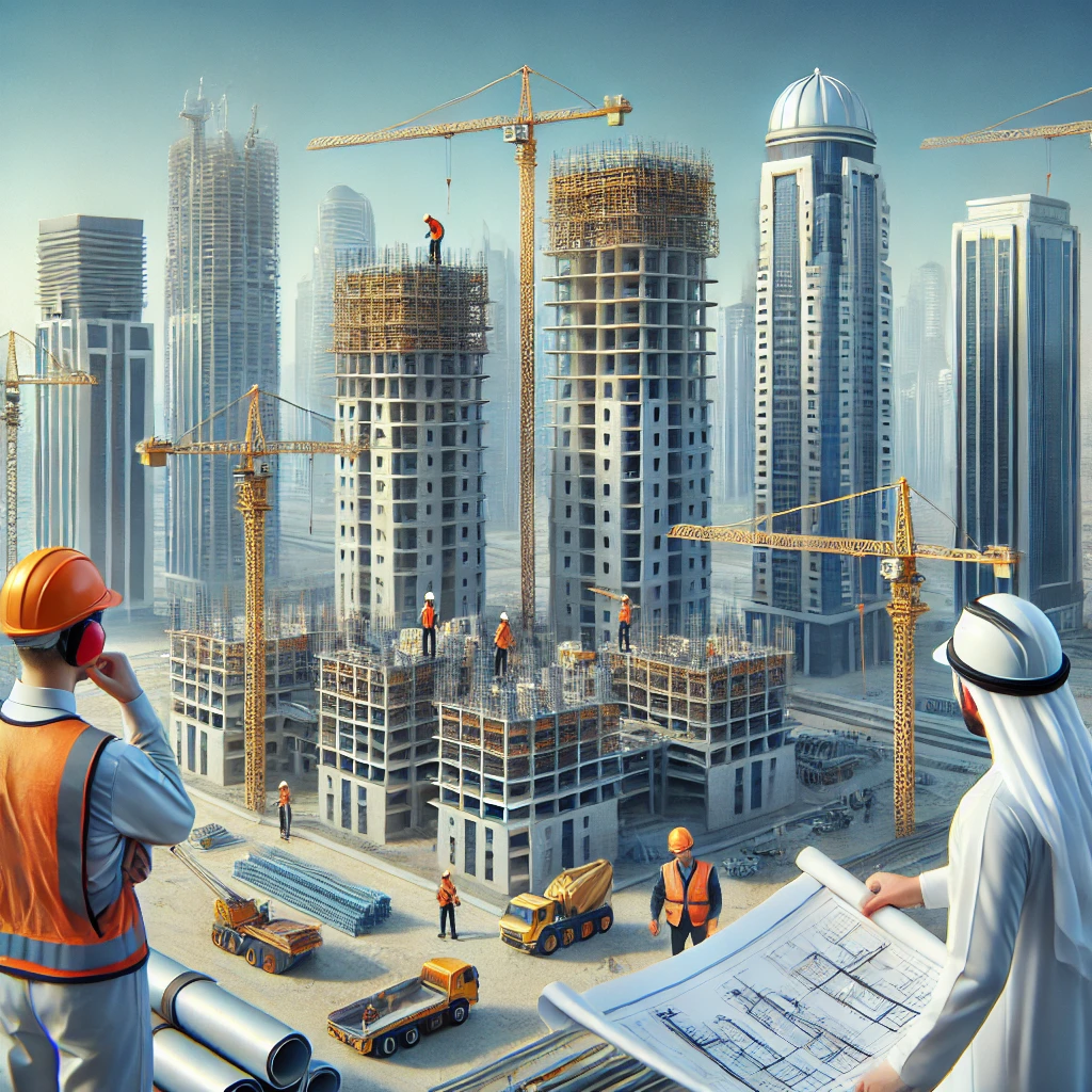 Modern Arabian construction site with engineers and workers.
