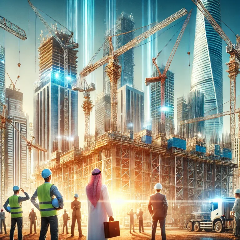 Professional construction site in Saudi Arabia with engineers, workers, and cranes.