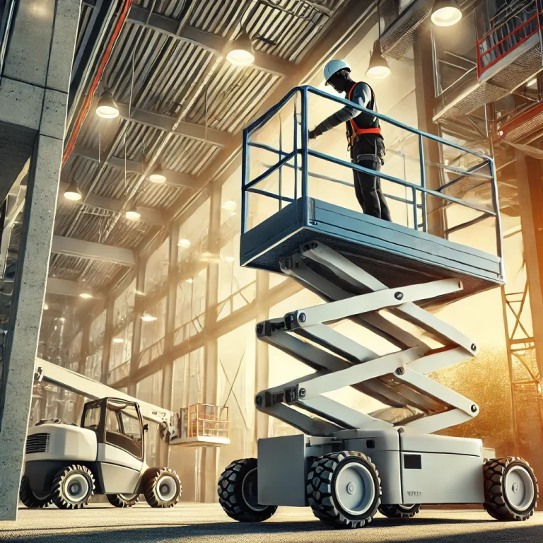 A construction worker using a scissor lift to reach high areas on a job site.